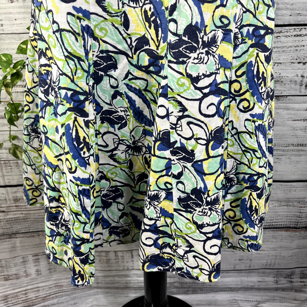 JM Collection Skirt 16 Petite Blue Green Yellow Floral Linen Calf Midi Hawaii - Picture 8 of 13